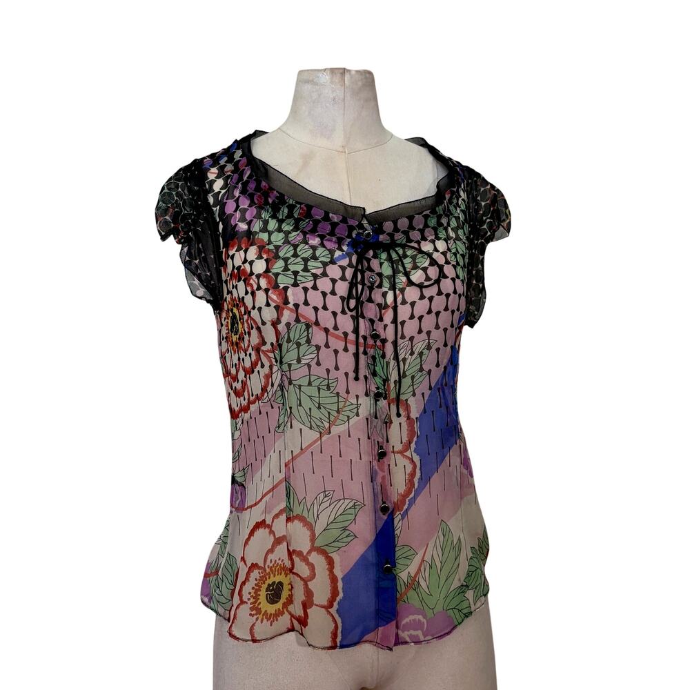 Elie Tahari Silk Sheer Floral Geometric Cottage Print Blouse XS